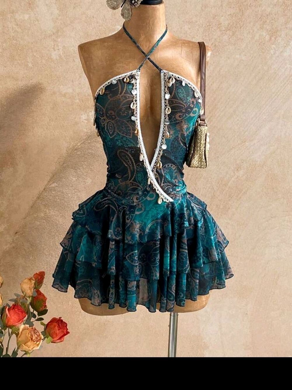 Teal Paisley Halter Ruffled Mini Dress